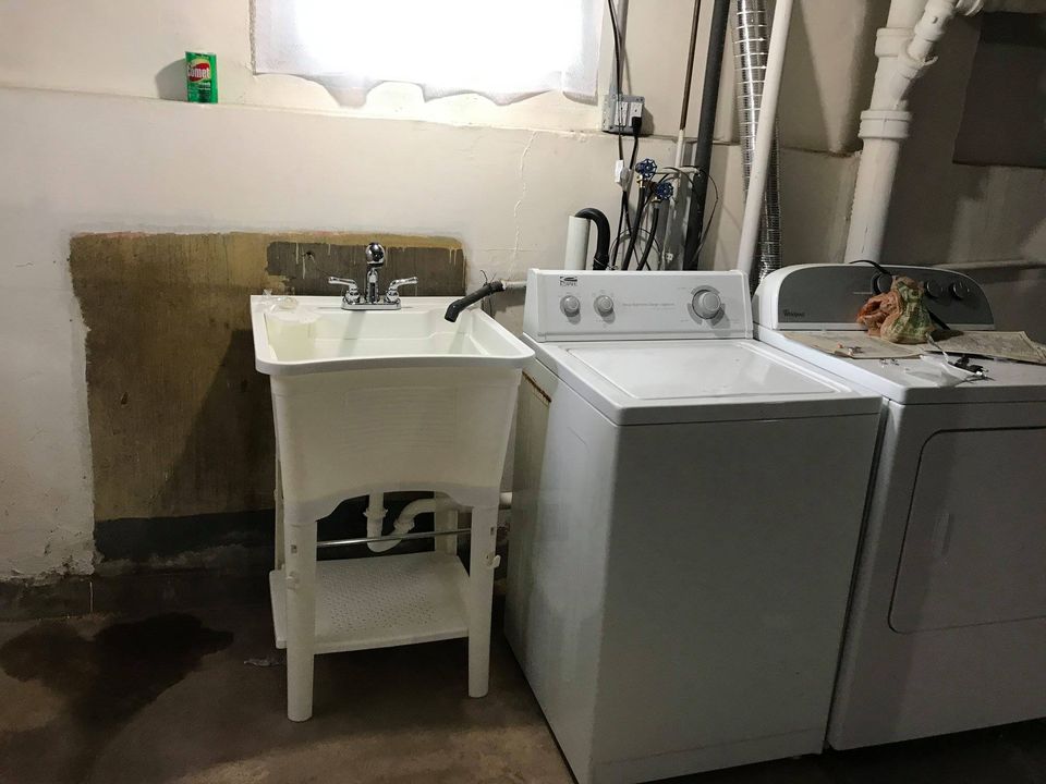 Collage of three outdoor images showing a brick house with window AC units and surrounding greenery, including bushes and a mossy ground area.